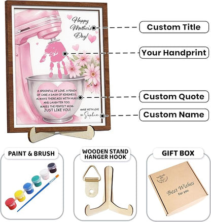 Personalized Mothers Day Handprint Sign, DIY Handprint Craft Frame with Paints, Birthday Gifts for Mom from Daughter Son, Baking Mixer Themed Frame for Women Mom Nana, Family Memories Keepsake