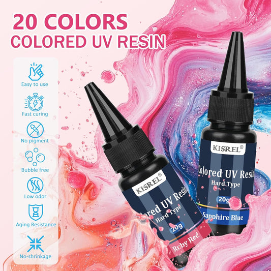 KISREL UV Resin, 20 Colors - 400g UV Resins Kit, Transparent Colored Resins, Rigid Ultraviolet Clear Resin for Crafts, Jewelry Making and Decoration