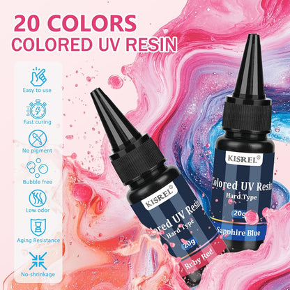 KISREL UV Resin, 20 Colors - 400g UV Resins Kit, Transparent Colored Resins, Rigid Ultraviolet Clear Resin for Crafts, Jewelry Making and Decoration