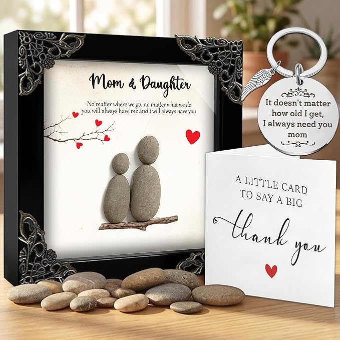 Mothers Day Mom Gifts from Daughters – 5.5" Pebble Art Frame Mothers Day Plaque, Engraved Mom Keychain, Card – Birthday Gift Set for Moms, Mother, Mama from Daughter Son, Best Mum Ever Keepsake S15-55