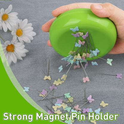 Oukitoymer Magnetic Pin Cushion with 100pcs Butterfly Head Straight Pins, Bobby Pin Holder for Sewing, Magnet Needle Cushion, Paper Clip Collector, Secure Pin Storager, Sewing & Quilting Accessories