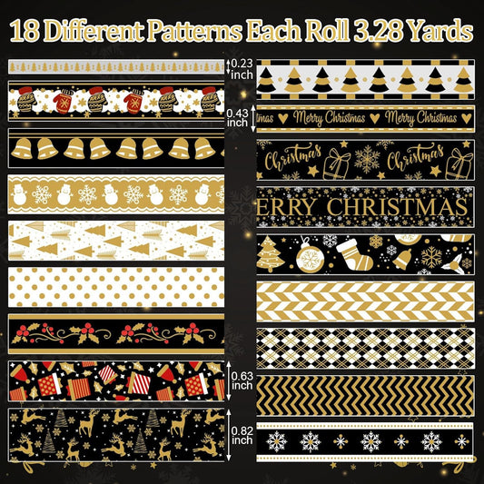 18 Rolls Christmas Washi Tape Holiday Masking Tape Black Christmas Wrapping Tape Glod Silver Foil Decorative Tape for Christmas Scrapbook Journal DIY Craft Gift Wrapping(Xmas Black