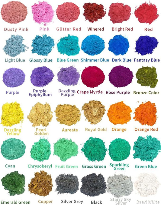 Mica Powder, 36 Colors Pearlescent Pigment Powder for Epoxy Resin, 3g/Bag Pearl Pigment Set for Soap Making, Bath Bomb, Candle Making, Art Crafts, Lip Gloss, Nail Polish, Dye