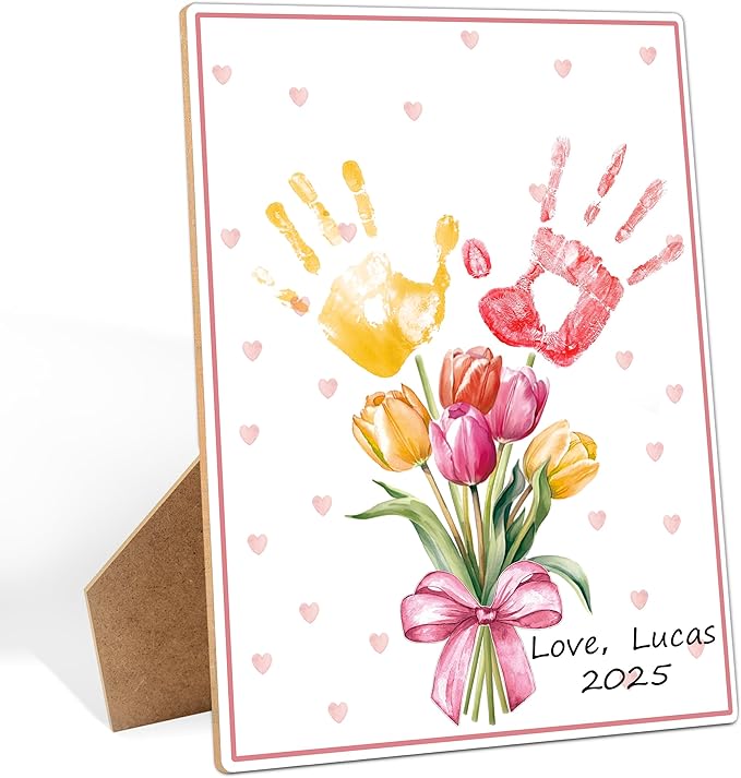 Woukaup Pink Flower Handprint Art Keepsake Making Wooden Sign with Stand 9x12, Mothers Day Crafts for Classroom Family Activities, DIY Crafts Birthday Gifts for Mom Dad Grandma Grandpa Sister Auntie