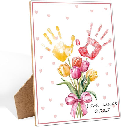 Woukaup Pink Flower Handprint Art Keepsake Making Wooden Sign with Stand 9x12, Mothers Day Crafts for Classroom Family Activities, DIY Crafts Birthday Gifts for Mom Dad Grandma Grandpa Sister Auntie