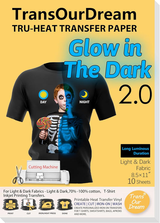 TransOurDream Luminous Heat Transfer Paper for T Shirts (10 Sheets, 8.5x11'', Glow 2.0) Printable Heat Transfer Vinyl for Inkjet Printer Iron on Transfers for Light & Dark Fabrics (TRANS-GD2-12)