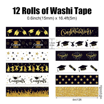 12 Rolls Graduation Washi Tape, Black Foil Gold Congrats Grad Masking Tapes, Congratulations Grad Cap Decorative Paper Stickers for Graduation Scrapbook Gift Wrapping DIY Art Crafts 16.4FT