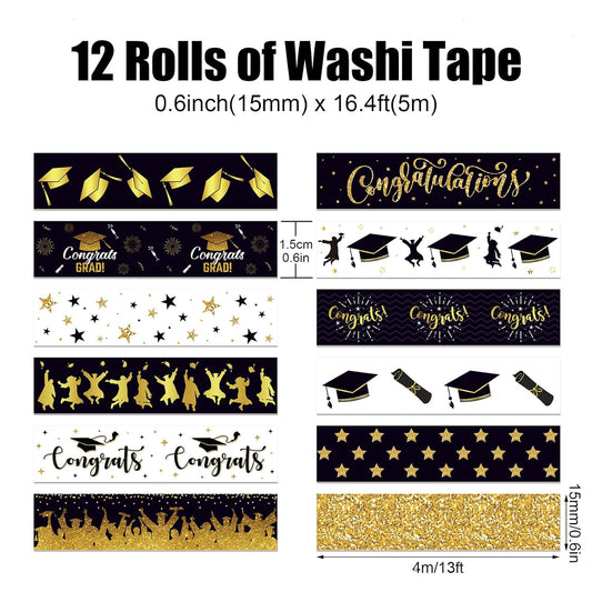 12 Rolls Graduation Washi Tape, Black Foil Gold Congrats Grad Masking Tapes, Congratulations Grad Cap Decorative Paper Stickers for Graduation Scrapbook Gift Wrapping DIY Art Crafts 16.4FT