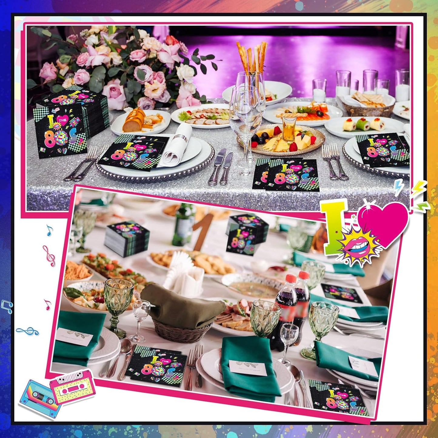 60 Pcs 80s Cocktail Paper Napkins 6.5 x 6.5 Inches Disposable Paper Napkins Dessert Beverage Napkin for Decoupage Luncheon Napkin for Party Wedding Birthday Party