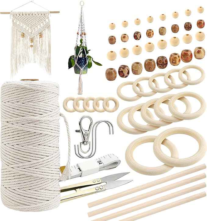 227pcs Macrame Kits 3mm 115yards Wall Hanging Natural Cotton Macrame Cord with Wooden Beads & Rings Wooden Sticks, Metal S-hooks Supplies for Hanging Plant Hand Tassel weaving