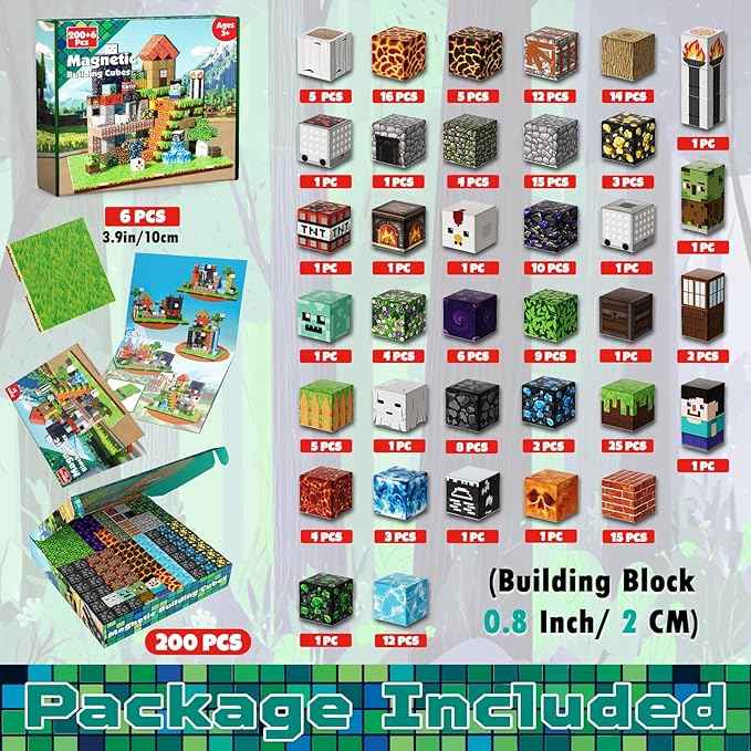 Magnetic Blocks - 200PCS Magnetic Blocks with 6 Base Plate, Magnetic Building Blocks for Kids Ages 4 5 6 7 8, Stacking Magnets for Kids, Birthday Gifts for 3-10 Year Old Boy Girls, STEM Toys