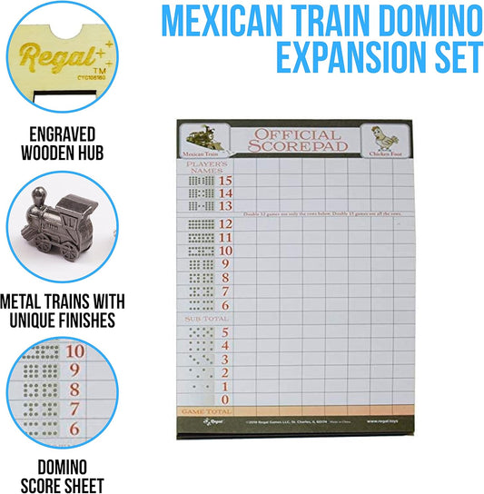 Regal Games Mexican Train Domino Expansion Set - 8 Metal Marker Trains with Unique Finishes - Replacement Wooden Hub - Scoresheet