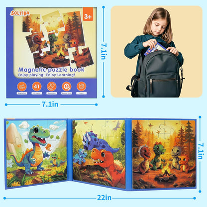 Magnetic Dinosaur Puzzles for Kids Ages 3-5 36PCS-3 Animal Themes Puzzles for Kids 4-6 Travel Puzzle for Airplane/Car/Road Trip/Gift Toys for 3-5 Year Old Girls and Boys