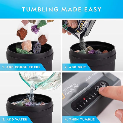 National Geographic Rock Tumbler Kit – Hobby Edition Includes Rough Gemstones, and 4 Polishing Grits, Great STEM Science Kit for Geology Enthusiasts, Rock Polisher for Kids and Adults