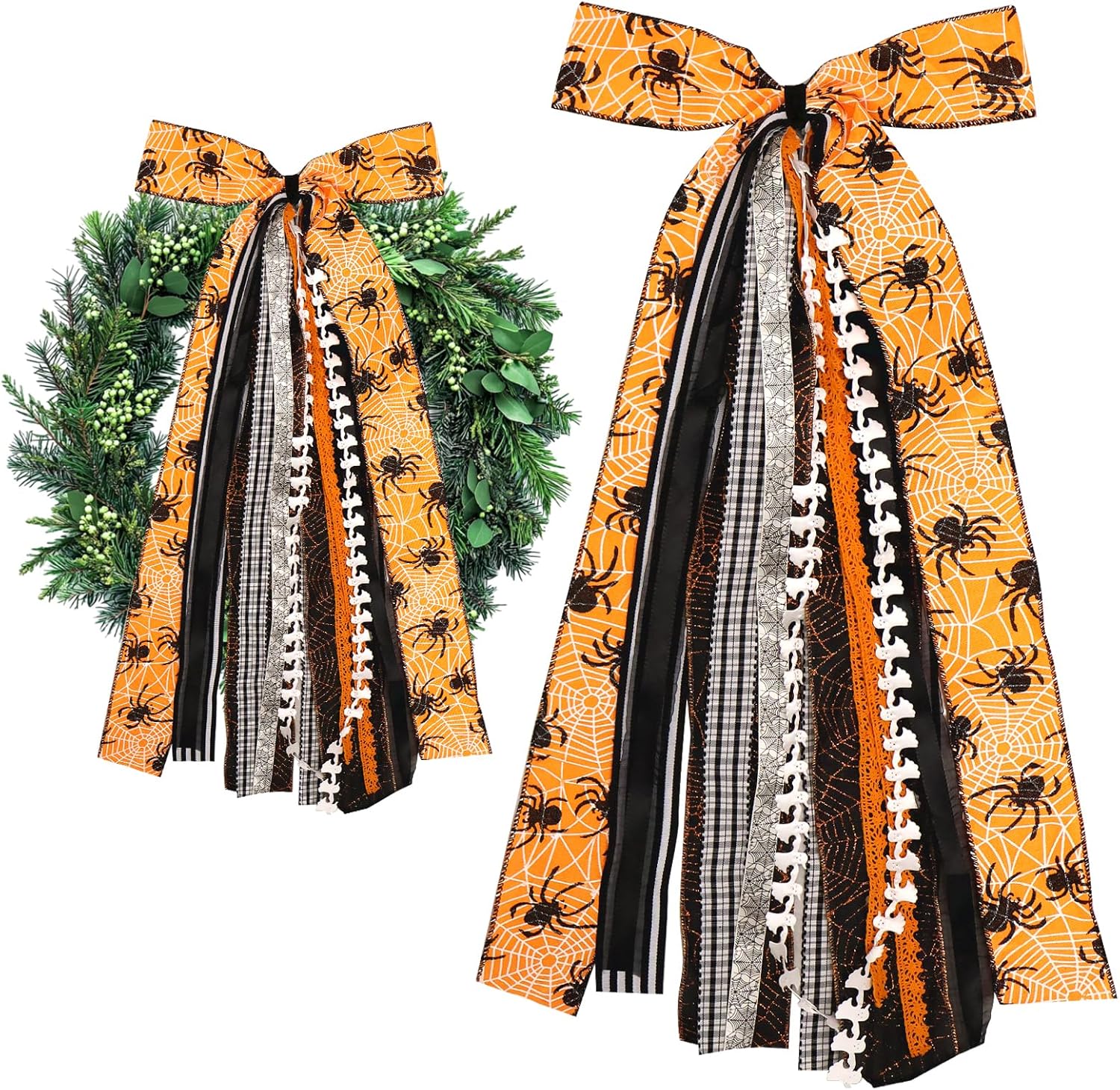Large Halloween Ribbon Bow for Wreath, Orange Spider Web Fabric Ribbons Set Assorted Ribbons Black White Stripe Plaid Clip-On Wreath Sash Ribbon Bundle for Halloween Home Indoor Outdoor Decor - Crafty Corner
