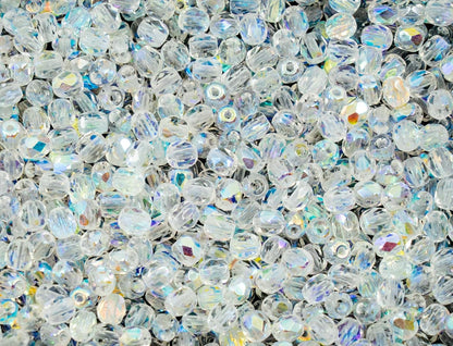 100 pcs of Faceted Fire Polished Pressed Czech Glass Beads 4mm (0.16in), Crystal AB 00030-28701 BCV