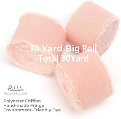 Ribbli Blush Pink Chiffon Ribbon - 1-1/2 inch x 30 Yard Handmade Fringe, Perfect for Wedding Invitations, Bridal Bouquets & Flower Arrangements - Crafty Corner