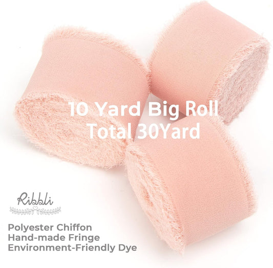 Ribbli Blush Pink Chiffon Ribbon - 1-1/2 inch x 30 Yard Handmade Fringe, Perfect for Wedding Invitations, Bridal Bouquets & Flower Arrangements - Crafty Corner