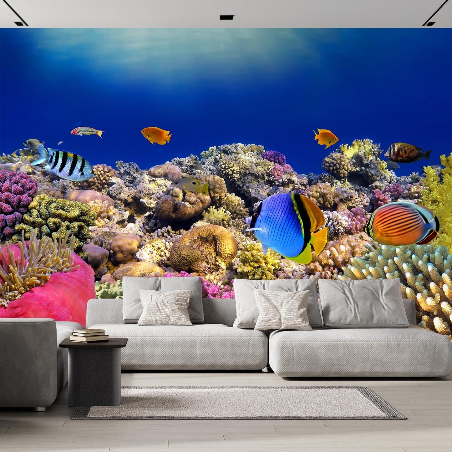 wall26 Wall Sticker/Wall Mural Tropical Blue Fish Coral Reef Ocean Seascape Nature Wilderness, Not Peel and Stick, Non-Woven Wallpaper Decorative for Bedroom, Living Room, Office - 132x168 inches