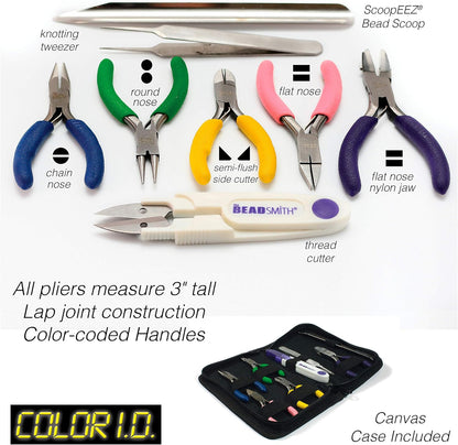 The Beadsmith Mini Color-ID Set – 3”, 8-Pieces Includes: Chain Nose, Round Nose, Side Cutter, Flat Nose, Nylon Jaw Flat Nose, Tweezers, Thread Snippers, Bead Scoop & Canvas Case – For Jewelry Making - Crafty Corner