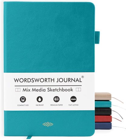 Wordsworth & Black A5 Mixed Media Journal 96 Mix Pages, Hardcover Leather, 190 GSM Paper, Journaling Notebook for Work & Sketching, Journals for Women, Men - Gifts Box Included Turquoise