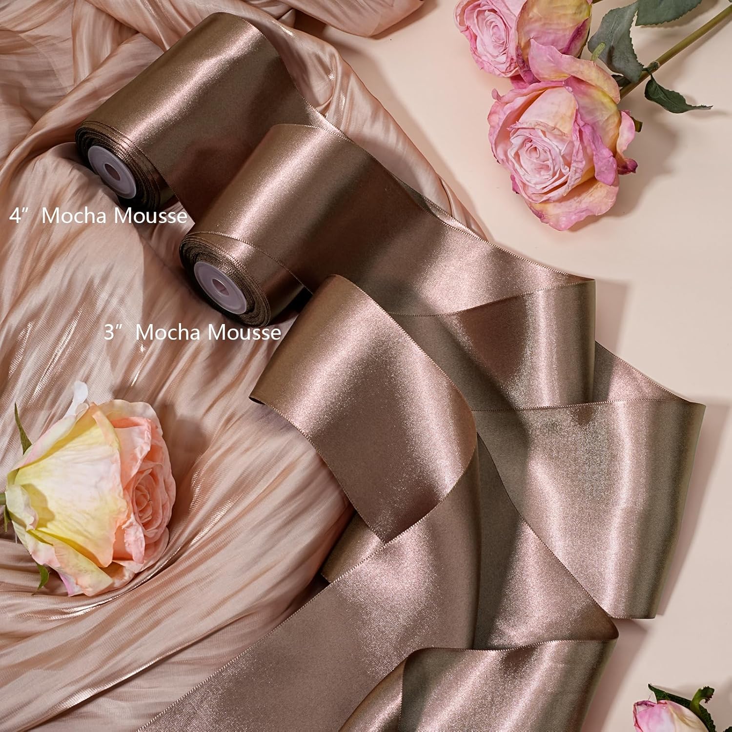 LaRibbons Brown Satin Ribbon 3 Inch 10 Yards Double Faced Luxury Mocha Silk Ribbon for Gift Wrapping Flower Bouquets Bow Christmas Wedding Party Decoration - Crafty Corner