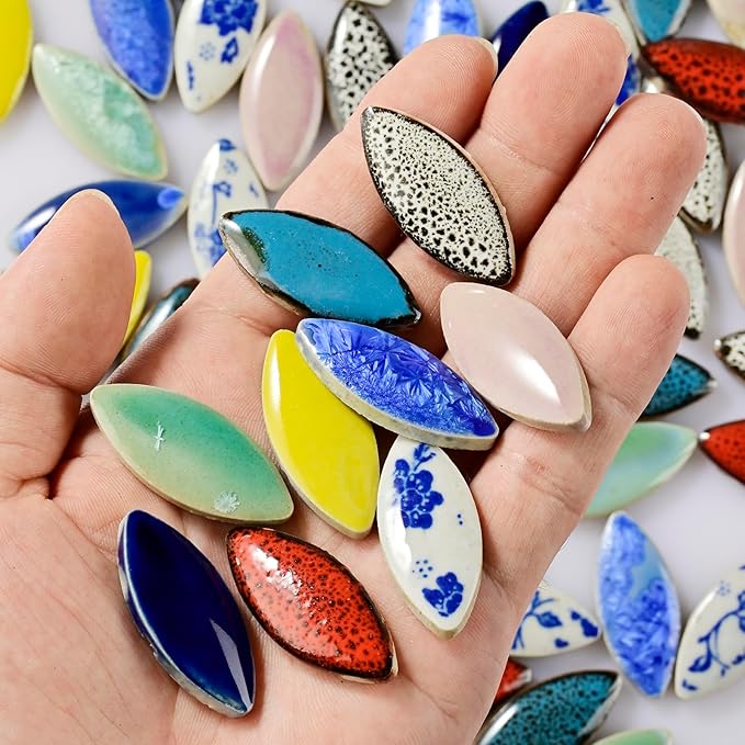 70 Pcs Petal Ceramic Mosaic Tiles, Green, Polished Edge, Cottage Style, Floral Pattern, Glue Down Installation, Suitable for Crafts and Home Decorations