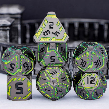 Metal DND Sci-fi Dice Set 7PCS Stripe Polyhedral Dice for Dungeons Dragons RPG Role Playing Game, Glitter D and D Dice with Gift Box D6 D8 D10 D12 D20 (Black&Green Yellow)