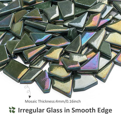 Youway Style Iridescent Glass Mosaic Tiles for Crafts Bulk,200g Green Broken Mosaic Glass Pieces for Garden Crafts Kits,DIY Mosaic Art Decor