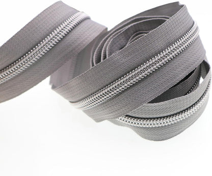 Leekayer #5 Silver Metallic Nylon Coil Zippers by The Yard Bulk 10 Yards Gray Zipper Tape with 25pcs Silver Ring Pull Zipper Sliders for DIY Sewing Tailor Craft Bag(Gray)