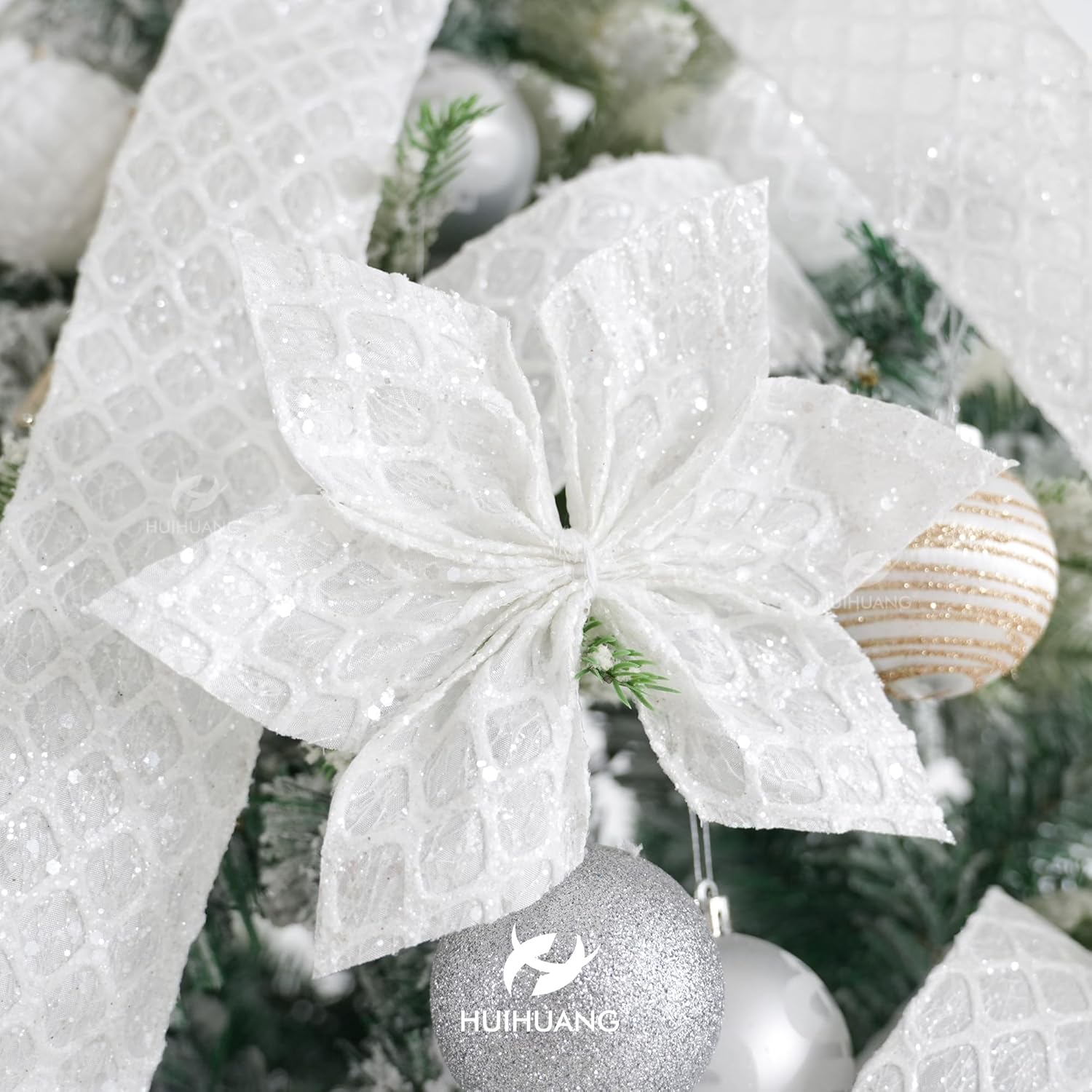 HUIHUANG White Glitter Wired Ribbon for Christmas Tree 2.5 inch White Diamond Mesh Wire Ribbon for Tree Decoration, Wreaths, Garland, Gift Wrapping, Large Bows Making, Home Decor -10 Yards - Crafty Corner
