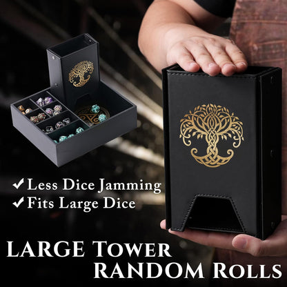 Dice Tray and Dice Tower for DND and RPG - All-in-One Game Roamer Tray & Large Tower for Random Rolls - Stores Your Sets, Mini's and More Compatible with D&D (Gold Tree)