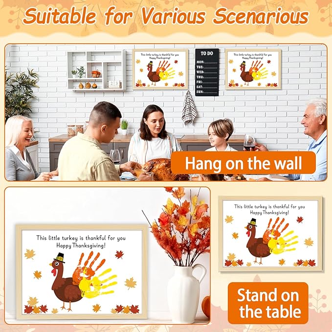 Thanksgiving Turkey Handprint Art Craft DIY Kit Happy Thanksgiving DIY Gifts Fall Thankful Little Turkey Family Handprint Art Keepsake with Wood Frame for Mom Dad Friend Holiday Activities 12x16 Inch