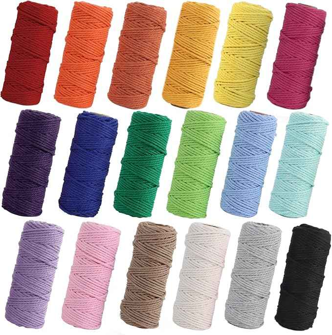 PHUNTTEK Macrame Cord 2mm x 590 Yards 18 Rolls Natural Cotton Cord 3 Stands Jute Twine String Soft Rope Assorted Colored Yarns for DIY Knitting Knotting Craft Macrame Project Supplies