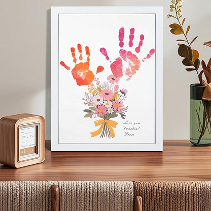 Bixinyo Flower Bouquet Handprint Kit, Mother's Day Gifts for Grandma, Mom, Grandparents from Daughter/Kids, Unique Gifts for Birthday Christmas, DIY Art Craft 12" X 16" Frame (Bow, White)