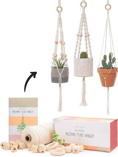 Macrame Kit - Makes 3 Macrame Plant Hangers with Easy To Follow Instructions for Adult Beginners - Includes 109 Yards 3mm Cotton Macrame Cord, Natural Wooden Beads & Custom Instruction Booklet