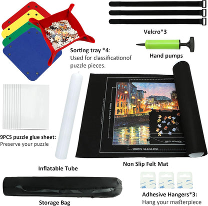 Portable Puzzle Mat Roll Up - with 9 Glue Sheets, Sorting Trays, Hand Pump, Inflatable Tube, and Storage Bag - Perfect for Kids and Adults (Black, 1500pcs)