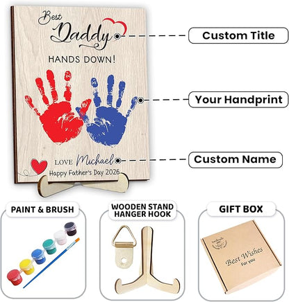 Personalized Hands Down Best Dad Ever Handprint Kit with Paint, Family Craft Wooden Sign, Fathers Day Handprint Plaque Keepsake, Mothers Day Birthday Gift for Mom, Grandma, Nana, Aunt
