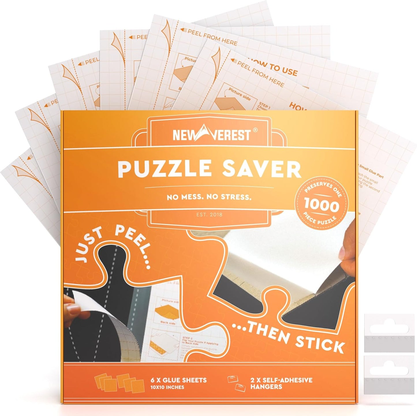 Newverest 6-Pack Puzzle Glue Sheets 10×10″ – Preserve & Display 1 × 1000-Piece Jigsaw Puzzles – Peel & Stick Puzzle Saver with 2 Adhesive Hangers – No Glue, No Mess, Ships Flat, Gift-Ready Box