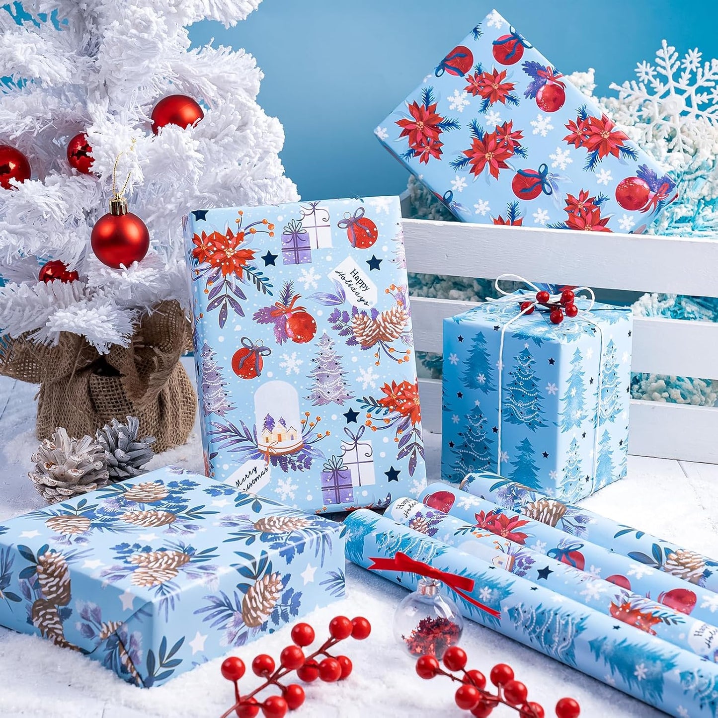 WRAPAHOLIC 30 Inch Christmas Wrapping Paper Roll - Jumbo Roll Red and Blue Snow Globe, Pinecone, Poinsettia, Christmas Tree Wrapping Paper - 4 Rolls - 30 Inch x 120 Inch Per Roll