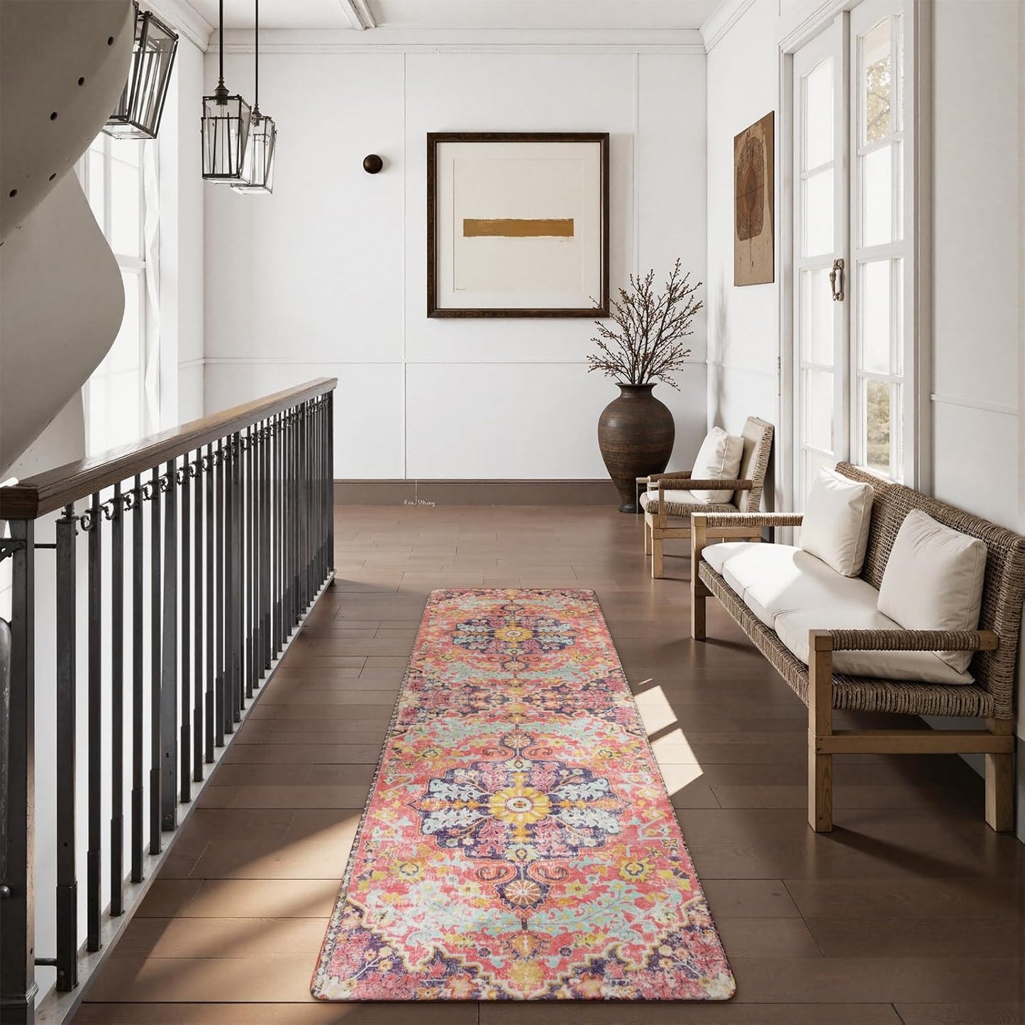 Lahome Bohemian Washable Runner Rugs with Rubber Backing, 2x7 Runners for Hallways, Vintage Floral Soft Non Slip Non-Shedding Faux Wool Stair Carpet Runner for Bathroom Kitchen Laundry, Fuchsia/Multi