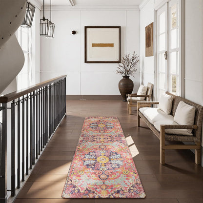 Lahome Bohemian Washable Runner Rugs with Rubber Backing, 2x7 Runners for Hallways, Vintage Floral Soft Non Slip Non-Shedding Faux Wool Stair Carpet Runner for Bathroom Kitchen Laundry, Fuchsia/Multi