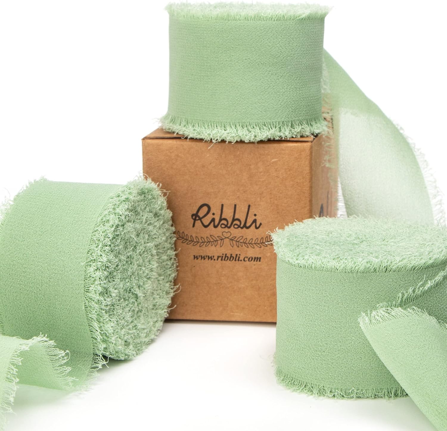 Ribbli Sage Green Chiffon Ribbon 1-1/2 inch x 30 Yard Handmade Fringe Chiffon Sage Silk, Sage for Wedding Invitations, Bridal Bouquets Wrapping, Flower Arrangement Decoration - Crafty Corner