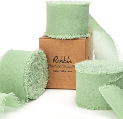 Ribbli Sage Green Chiffon Ribbon 1-1/2 inch x 30 Yard Handmade Fringe Chiffon Sage Silk, Sage for Wedding Invitations, Bridal Bouquets Wrapping, Flower Arrangement Decoration - Crafty Corner