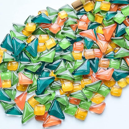 Irregular Size Mosaic Tiles Mixed Color Glass Mosaic Glass Pieces for Home Decoration or DIY Crafts 200g Square Triangle Rectangle (Orange Green Mix)