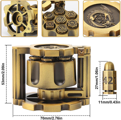 Bullet Dice, Revolver Bullet Metal Dice Set with Spinning Revolver Cylinder Container & Seven Polyhedron Dices for Sci-Fi, War, Crime Theme Tabletop Games