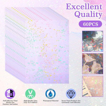 60 Sheets Holographic Laminate Sheets Clear Glitter A4 Size Vinyl Sticker Paper Holographic Overlay Self Adhesive Waterproof Transparent Film, 11.7 x 8.3 Inch (Broken Grass)