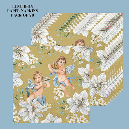 20-ct 13x13 Christmas Paper Decoupage Napkins, 3-Ply Servilletas Tissue Napkin for Dinner and Parties, Disposable Napkins (Angel Flower)