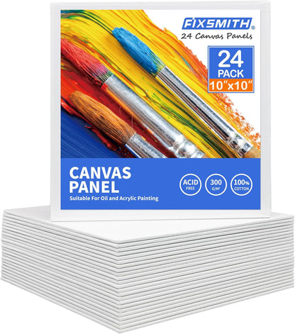 FIXSMITH Canvas Boards for Painting 10x10 Inch, Super Value 24 Pack Paint Canvases, White Blank Canvas Panels, 100% Cotton Primed Canvas for Painting, Painting Art Supplies