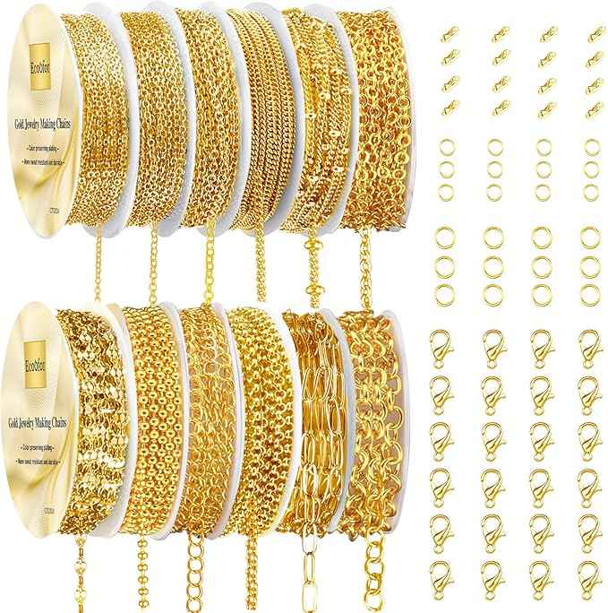Ecofor Jewelry Making Ultimate Bundle - 111.7 Feet Gold Chains (17 Rolls) with 500+ Findings, 50 Pendants & Tools for DIY Necklace & Bracelet Making